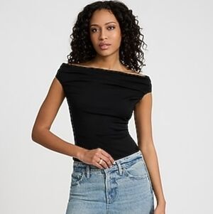 EXPRESS Boat Neck Cap Sleeve Ruched Bodysuit Black XL